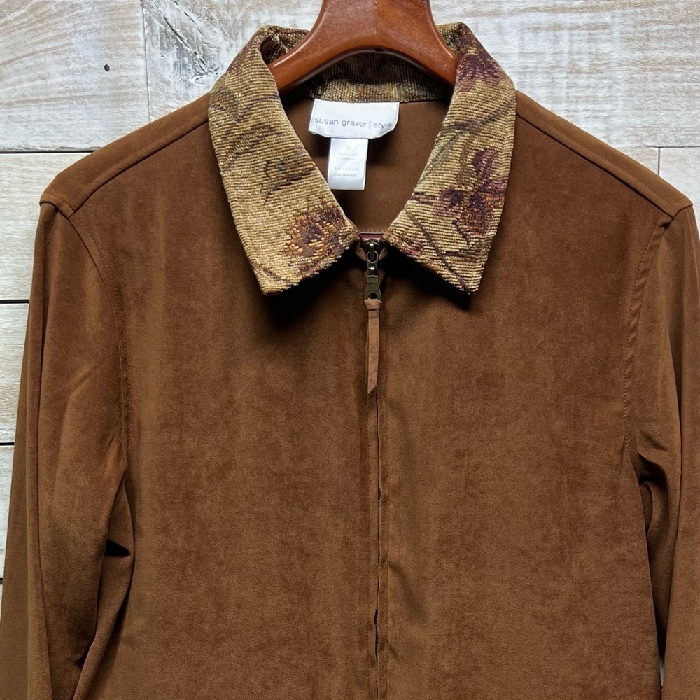 Susan Graver Floral Tapestry Jacket Medium Western Cowgirl Fringe Brown - Picture 5 of 13